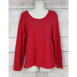 Christopher & Banks Womens Size Medium Long Sleeve Top Shirt Red Rhinestones